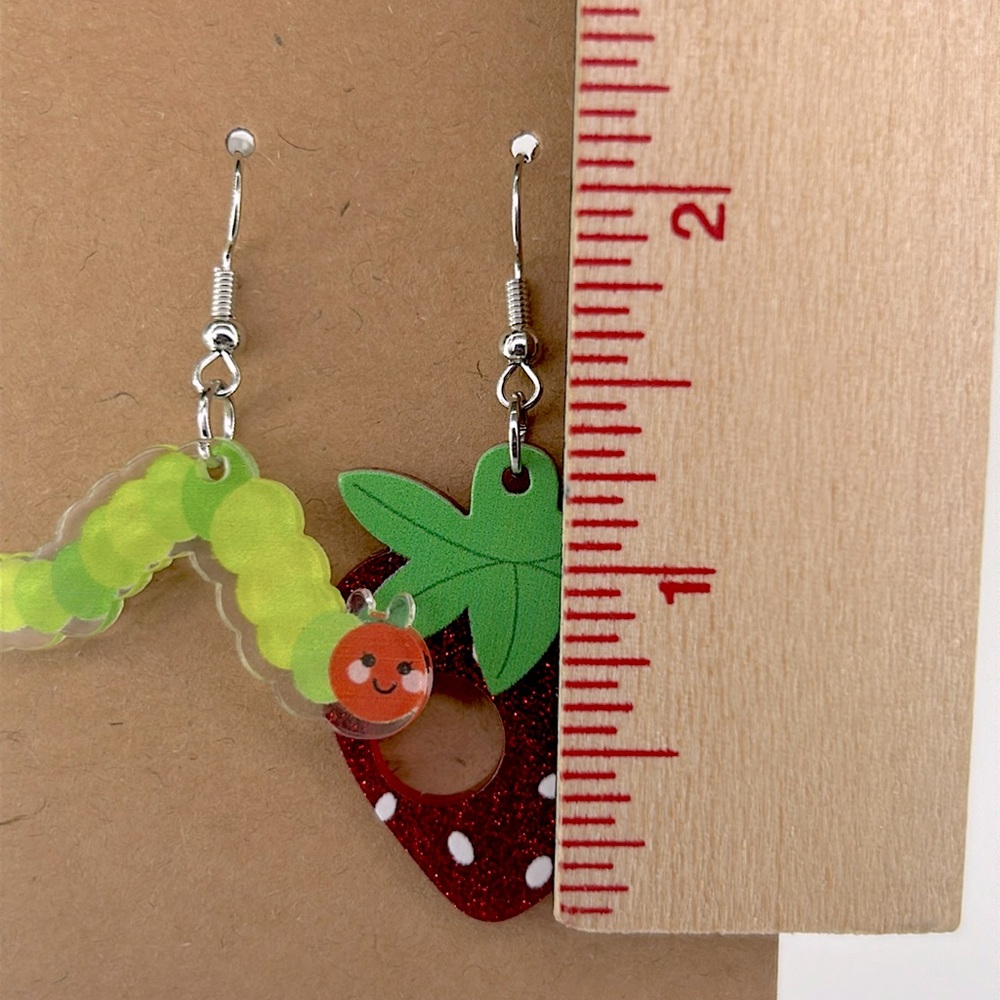 Adorable Caterpillar And Strawberry Dangle Acrylic Earrings Cute Teacher Style - Picture 2 of 4